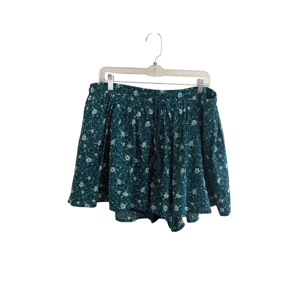 Old Navy Floral Boho Shorts XL Green Elastic Waist Tassel Tie Flowy Cotton - Picture 2 of 7